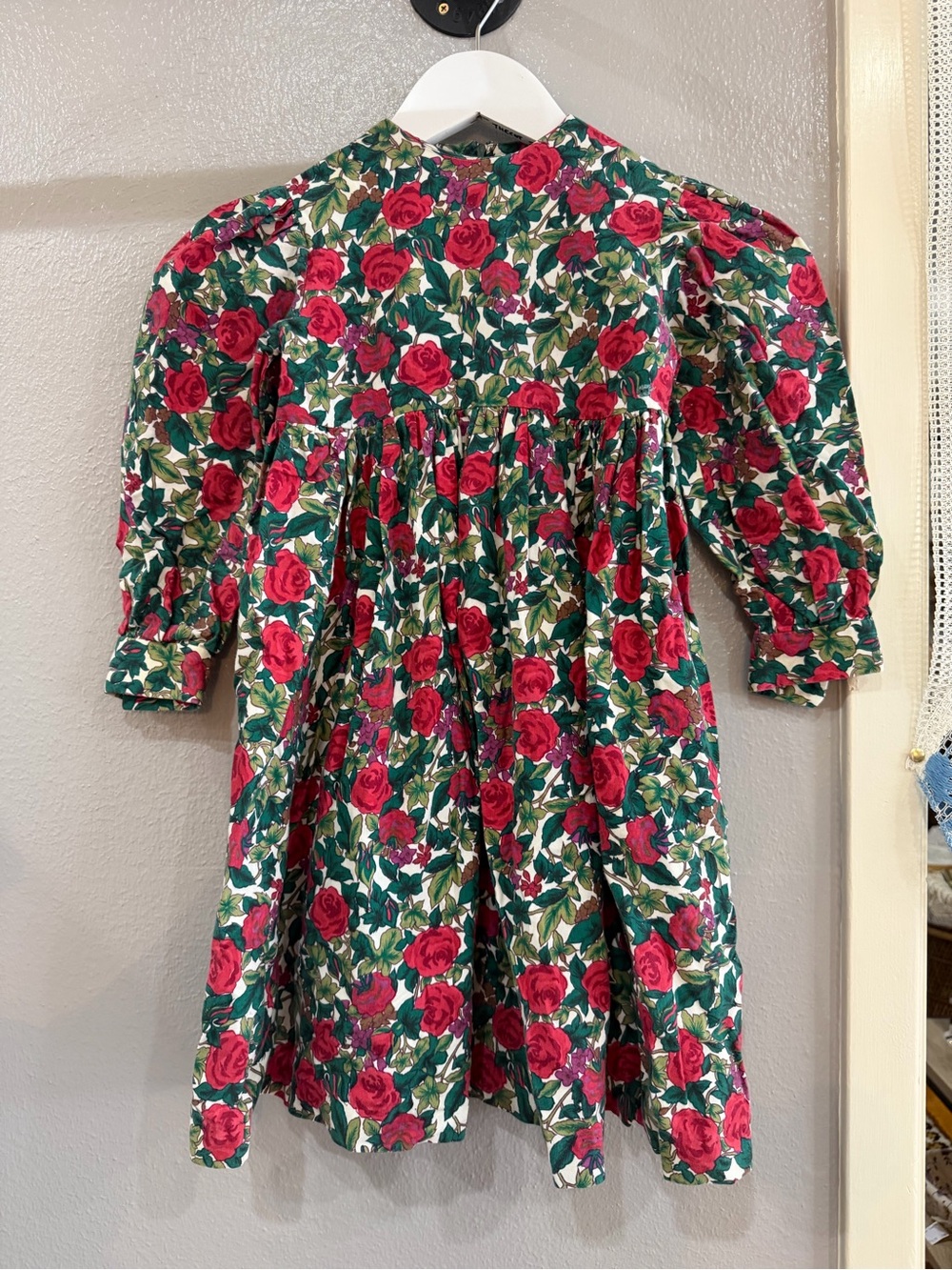 Girls Rose-Print Long Sleeve Casual Dress in Red and Green